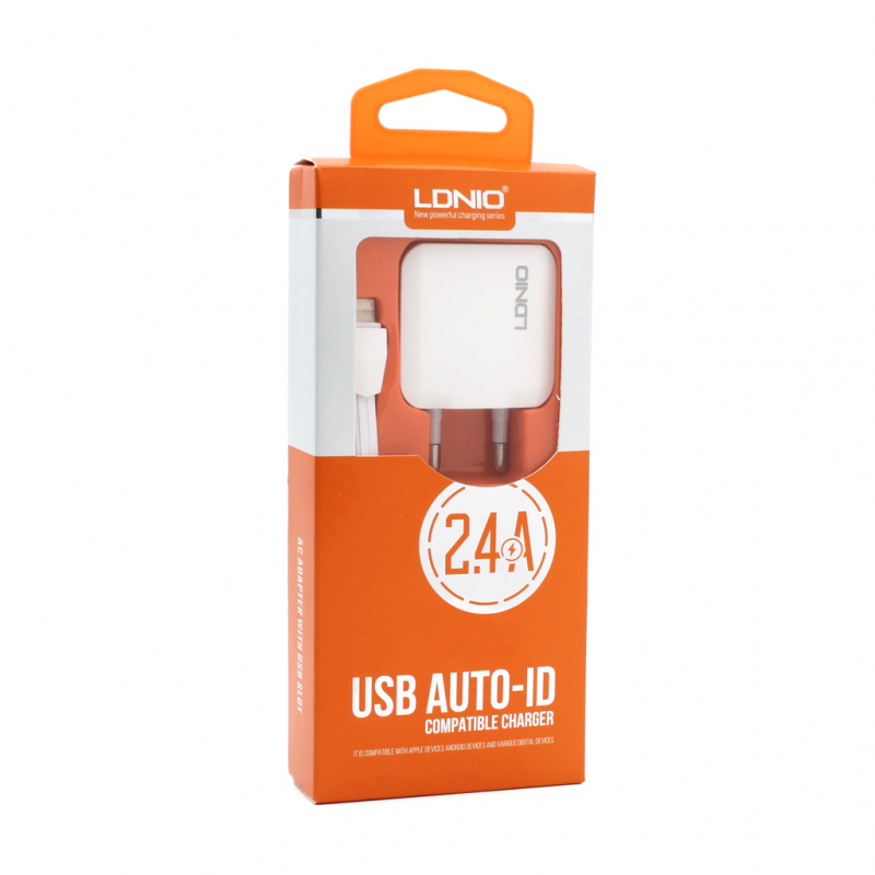Kucni punjac LDNIO A2201 2xUSB 5V 2.4A + adapter sa iPhone lightning kablom beli