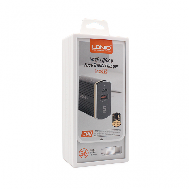 Kucni punjac LDNIO A2502C Quick Charge 3.0 PD+USB 5V 3A sa iPhone lightning kablom crni