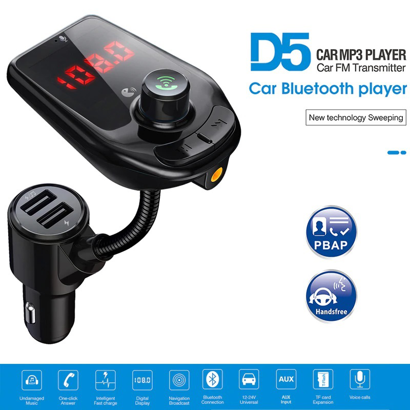 FM transmiter D5 USB TF Bluetooth 5.0 12-24V handsfree crni