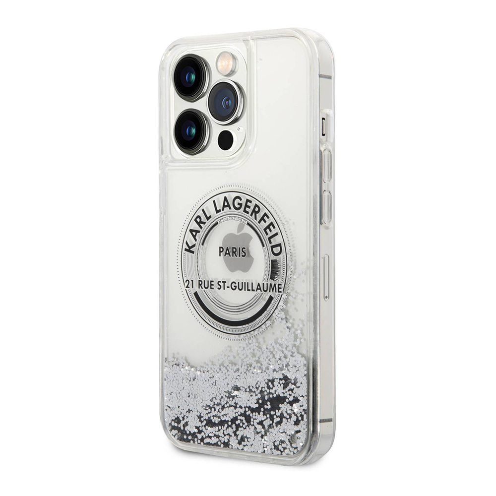 Futrola Karl lagerfeld Liquid Glitter Round Rsg Logo za Iphone 14 Pro srebrna Full ORG (KLHCP14LLCRSGRS)