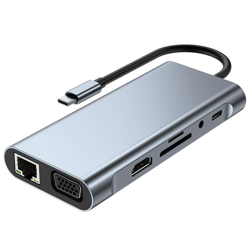 Adapter Type C na LAN Gb, SD card, TF, Type C, 3xUSB 3.0, Audio, HDMI i VGA 10 u 1 20cm kabl
