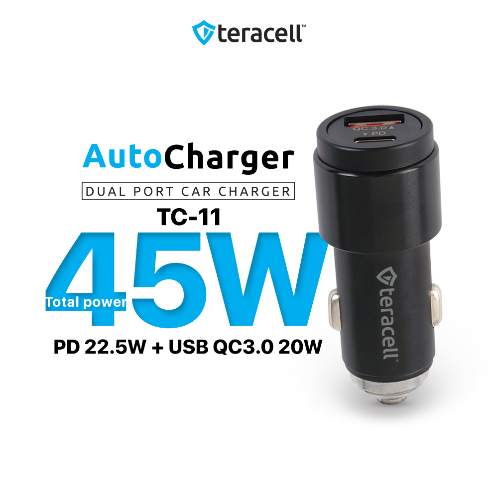 Auto punjac Teracell Evolution TC-11 PD 22.5W + USB QC3.0 20W, 45W (total) sa PD Lightning kablom crni